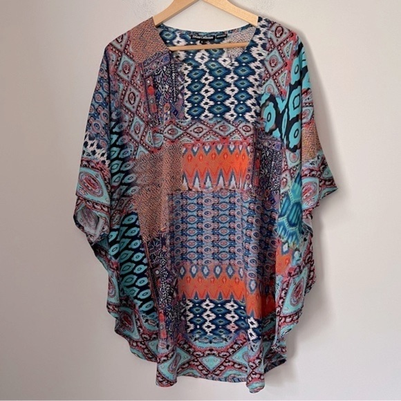 Tolani Collection Colorful Ikat Vibrant Printed Modal Caftan Tunic Top Cover-up - Picture 1 of 13